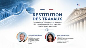 Illustration de la commission d’enquête sur les fonds prédateurs et le contrôle des investissements étrangers, mettant en avant les enjeux de souveraineté économique, de transactions sensibles et de contrôle parlementaire.